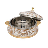 A luxury white and gold insulated food warmer by Casa Blu, featuring gold-etched horse and floral patterns, gold handles, and a decorative lid knob.