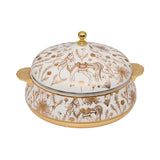 A luxury white and gold insulated food warmer by Casa Blu, featuring gold-etched horse and floral patterns, gold handles, and a decorative lid knob.