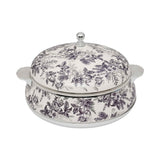 Casa Blu insulated food warmer featuring a black and white vintage floral and leaf pattern with polished silver-tone handles and a round lid knob.