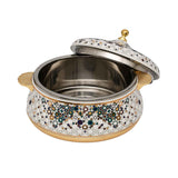 Casa Blu insulated food warmer with a white body covered in a multicolor geometric star mosaic pattern, featuring gold-plated handles and base.