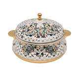 Casa Blu insulated food warmer with a white body covered in a multicolor geometric star mosaic pattern, featuring gold-plated handles and base.