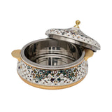 Casa Blu insulated food warmer with a white body covered in a multicolor geometric star mosaic pattern, featuring gold-plated handles and base.