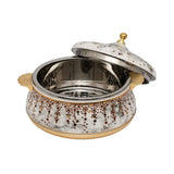 Casablu luxury insulated food warmer casserole with white marble pattern, gold-plated handles, and polished stainless steel interior.