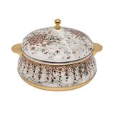 Casablu luxury insulated food warmer casserole with white marble pattern, gold-plated handles, and polished stainless steel interior.