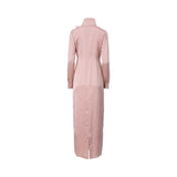 Rear view of the rose satin maxi dress showing the tailored fit, high collar, and small walking slit at the hem.