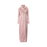 Front view of a Casa Johara Fashion rose pink satin maxi dress featuring a high ruffled collar and button-down front.