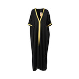 Front view of a CASA JOHARA FASHION rose Blacksatin kaftan featuring a V-neckline and gold braided trim.