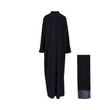 Rear view of the black abaya showing the smooth matte fabric, high collar, and full-length silhouette.