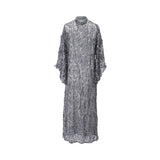 Rear view of the grey lace kaftan showing the intricate floral embroidery and high-neck collar.