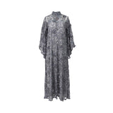 Front view of a Casa Johara Fashion slate grey floral guipure lace kaftan over a matching satin slip dress.