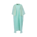 Front view of the CASA JOHARA FASHION two-piece set featuring a sheer mint abaya with sequin lapels over a matching inner dress.