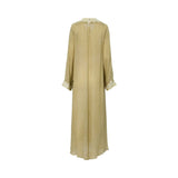 Back view of the olive green abaya showing the textured linen-look fabric and clean, flowing silhouette