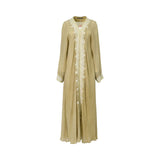 Front view of a CASA JOHARA FASHION olive sage abaya featuring white floral embroidery on the lapels and cuffs.