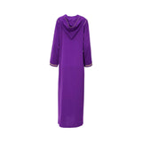 Back view of the purple Djellaba showing the pointed hood detail and gold piping on the shoulders.