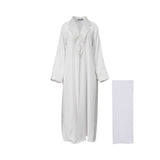 Front view of a CASA JOHARA FASHION white open-front abaya with a textured geometric lapel and long sleeves.