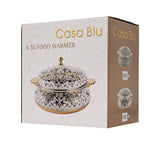 Casablu luxury insulated food warmer casserole with white marble pattern, gold-plated handles, and polished stainless steel interior.