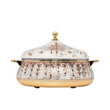 Casablu luxury insulated food warmer casserole with white marble pattern, gold-plated handles, and polished stainless steel interior.