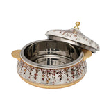 Casablu luxury insulated food warmer casserole with white marble pattern, gold-plated handles, and polished stainless steel interior.