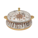 Casablu luxury insulated food warmer casserole with white marble pattern, gold-plated handles, and polished stainless steel interior.