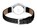 Rear view of the Esprit watch, highlighting the stainless steel caseback with water resistance details and the silver tang buckle on the black leather strap.