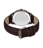 Rear layout emphasizing the polished stainless steel screw-down caseback engraved with the Police wing emblem, model code GB00926, and 5 ATM rating, alongside the interior genuine leather lining and brown IP buckle.