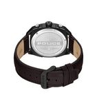 Rear view detailing the polished circular stainless steel caseback with radial lines and Police branding, alongside the matte black buckle finishing the brown leather strap.