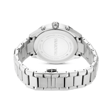 A product view of the reverse side of the Swarovski Dextera watch, revealing the polished stainless steel caseback engraved with Sapphire Crystal and Swarovski text, paired with the seamless continuous link bracelet profile.