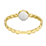 A product view of the reverse side of the Swarovski Una Angelic watch, detailing the polished stainless steel caseback, the smooth gold-tone inner surface of the links, and the integrated jewelry clasp stamped with branding.