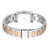 Side profile view of the Esprit watch case, showing the slim rectangular housing, crystal tracks embedded along the bezel side edge, the polished silver-toned setting crown, and the curved profile layout of the link bracelet.