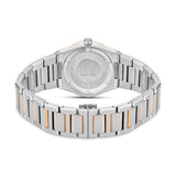 Rear perspective detailing the circular satin-brushed steel caseback with standard Haussman and Paris inscriptions, alongside the interior folding mechanics of the deployment clasp.