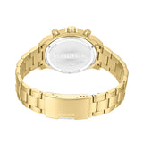 Rear view showcasing the polished circular stainless steel caseback engraved with the Police logo and 5 ATM rating, alongside the brushed gold deployment clasp.