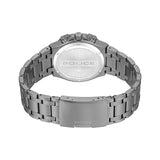 Rear view emphasizing the round stainless steel screw-down backplate engraved with the signature Police wing logo, model code GK00820, and 5 ATM water resistance rating, paired with a wide gunmetal deployment clasp.