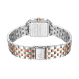 Rear view revealing the square stainless steel caseback engraved with the Police signature wing emblem, model code LG22409, and 3 ATM water resistance rating, alongside the two-tone link deployment clasp with a script Police logo.