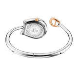 A studio view looking at the back of the Aigner Flora watch, highlighting the engraved stainless steel caseback detailing model number AGW.271005.L, the Swiss Made indicator, the repeating logo motif lining the rim, and the smooth curvature of the hinged silver bangle.
