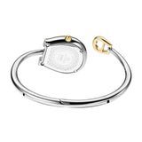 A rear overview of the watch laying flat, highlighting the engraved horseshoe-shaped stainless steel caseback with model info AGW.299001, the gold-toned setting crown, and the open bangle hinge system.