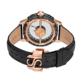 Rear view detailing the minimal floating cross-bar support on the caseback window, showing model 809001, Champ de Mars rose gold engraving, and the custom sculpted SH layout on the leather buckle closure.