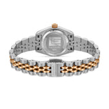 A rear layout view of the Guy Laroche Rose watch displaying the brushed stainless steel caseback engraved with the collection name and square maze monogram, alongside the clean profile of the closed deployment clasp.