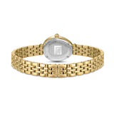 A rear overview layout of the Guy Laroche Lauren timepiece showing the brushed stainless steel caseback secured with four screws and engraved with the Lauren collection maze monogram details alongside the sleek profile of the closed bracelet.