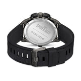 Rear layout focusing on the polished stainless steel caseback engraved with the Spider-Man and Police logos, the iconic "With great power comes great responsibility" inscription, and the textured silicone strap buckle.