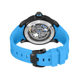 Rear view showcasing the circular exhibition caseback engraved with the Police branding and 5 ATM water resistance rating, revealing the internal mechanical automatic winding mechanism.