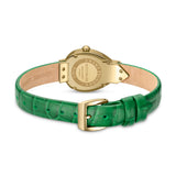 Rear view detailing the polished gold-tone caseback with Petit Palais, Made in France, and model number PP709002 engravings, alongside the "Genuine Leather" stamp on the green strap underside.