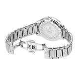 A rear angled perspective of the watch, showcasing the monogrammed stainless steel caseback detailing, the open butterfly deployment clasp, and the inner links of the silver bracelet.