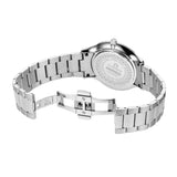 A rear angled view layout, displaying the engraved Treviso Tre AGW.295002 stainless steel caseback, the open inner butterfly clasp mechanism, and the brushed finish links.