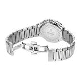 A rear three-quarter overview displaying the screw-down steel caseback engraved with the Fermo Due model number AGW.298001, the inner finish of the links, and the open double-folding butterfly clasp.