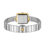 A rear overview of the watch, showing the square engraved stainless steel caseback with a gold rim detailing alongside the inner silver mesh band and hidden butterfly clasp with a golden emblem accent.