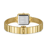 A rear overview of the watch, showing the square engraved stainless steel caseback detailing alongside the smooth links of the inner gold mesh band and hidden butterfly clasp.
