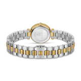 A rear view layout of the Escada Scarlett timepiece showing the brushed stainless steel caseback engraved with technical specs and bounded by a double-E monogram border next to the butterfly clasp with its inset yellow gold emblem.