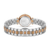 A rear view layout of the Escada Scarlett timepiece showing the brushed stainless steel caseback engraved with technical specs and bounded by a double-E monogram border next to the butterfly clasp with its inset rose gold emblem.
