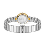 A rear studio overview of the watch, showing the engraved stainless steel caseback detailing and the smooth links of the inner mesh band and butterfly clasp.