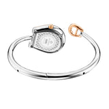 A rear angle perspective highlighting the polished stainless steel caseback engraved with the model number AGW271005S and Flora collection name, alongside the inner curve of the open bangle bracelet and the contrasting rose gold crown.